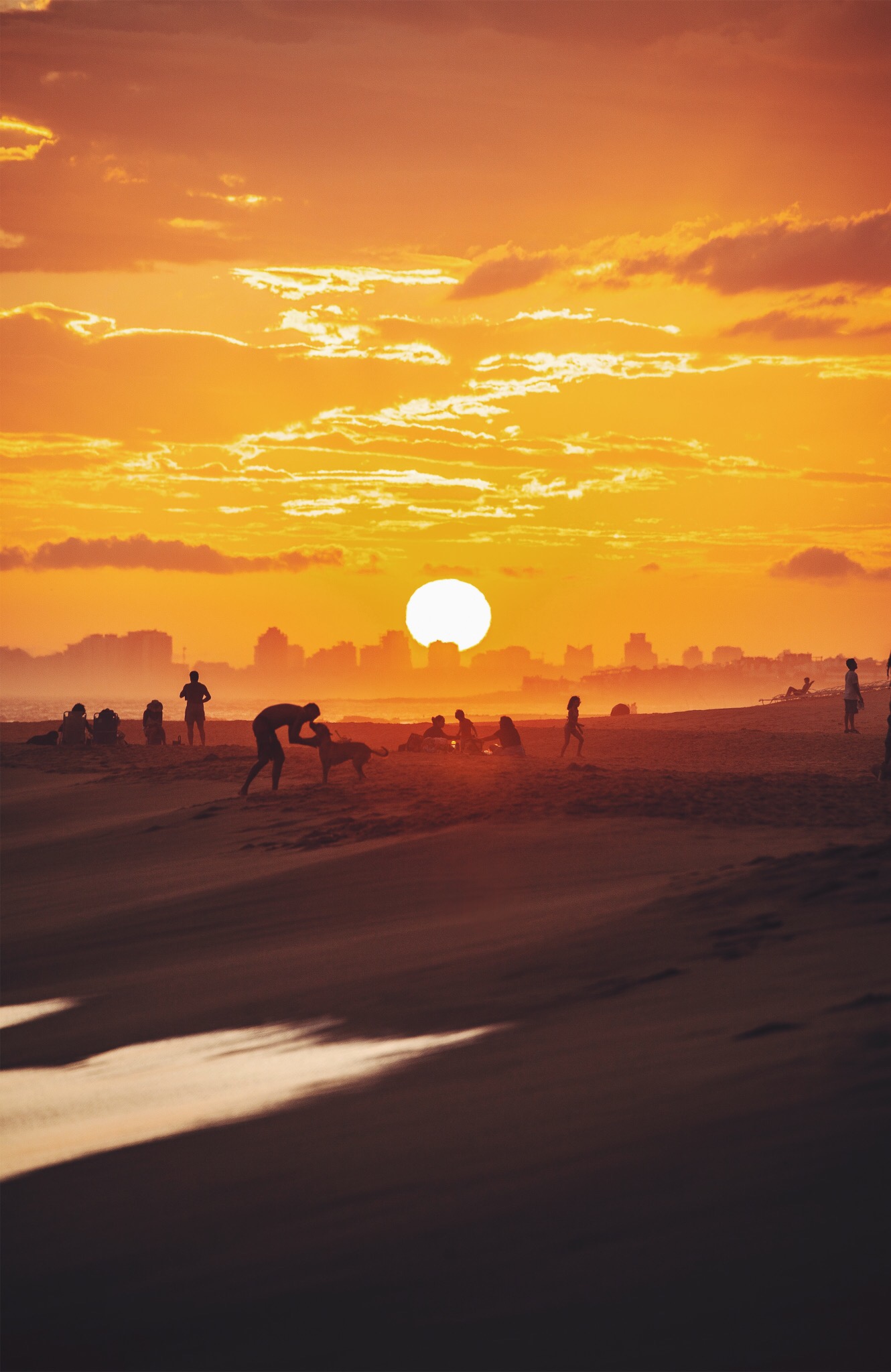 Silhouetted figures scattered across a beach as the sun sets behind a distant city